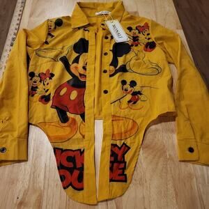 NWT Monali Yellow Cotton Mickey Mouse Blouse Tie Front Collared Button Down